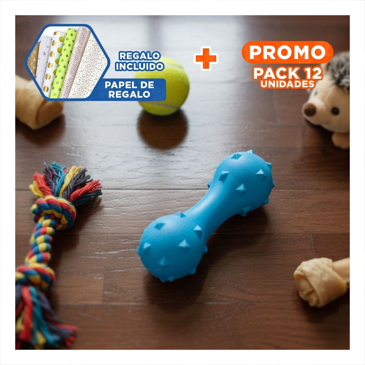 PACK12 ELEMENTO INTERACTIVO PARA PERRO CELESTE CON SUPERFICIE TEXTURIZADA Y+PAPEL REGALO - 1