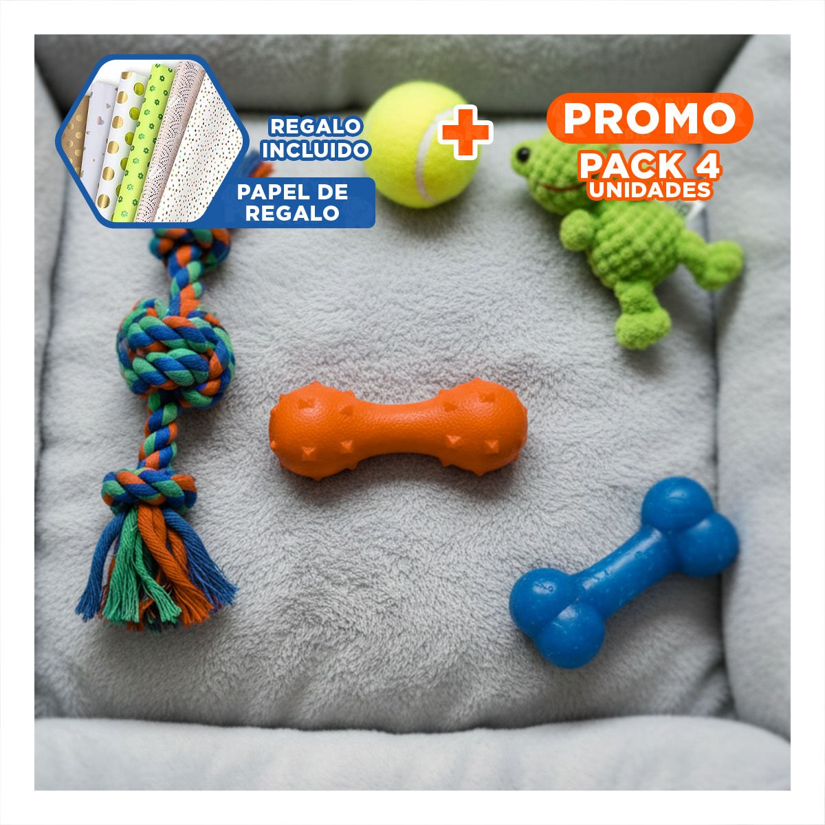 PACK4 MORDEDOR PARA MASCOTA MANCUERNA DE PUAS NARANJA FIRME Y+PAPEL REGALO - 1