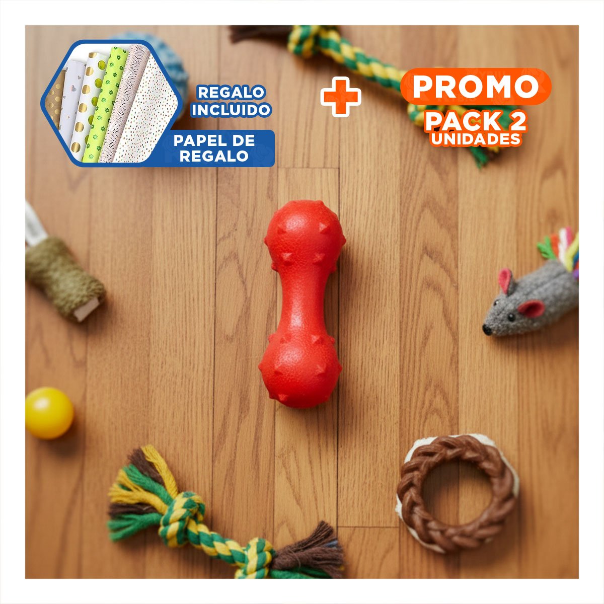 PACK2 ACCESORIO DE JUEGO PARA MASCOTA ROJO TEXTURIZADO Y FIRME AL USO DIARIO Y+PAPEL REGALO - 1
