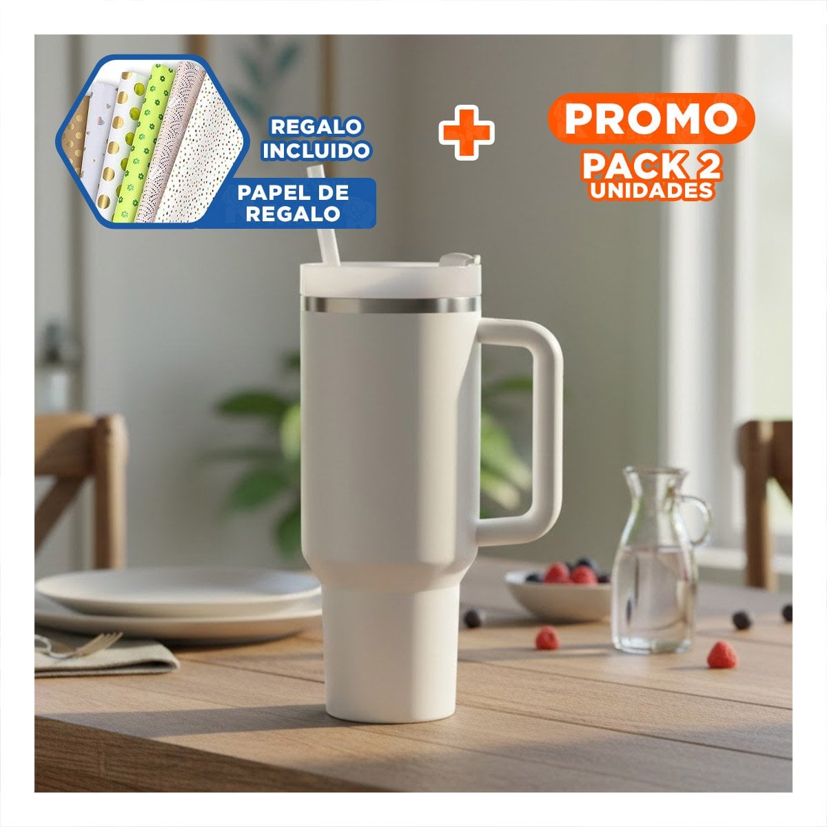 PACK2 ENVASE INSULADO CON ASA Y PICO 1200ML BLANCO MODERNO Y+PAPEL REGALO - 1