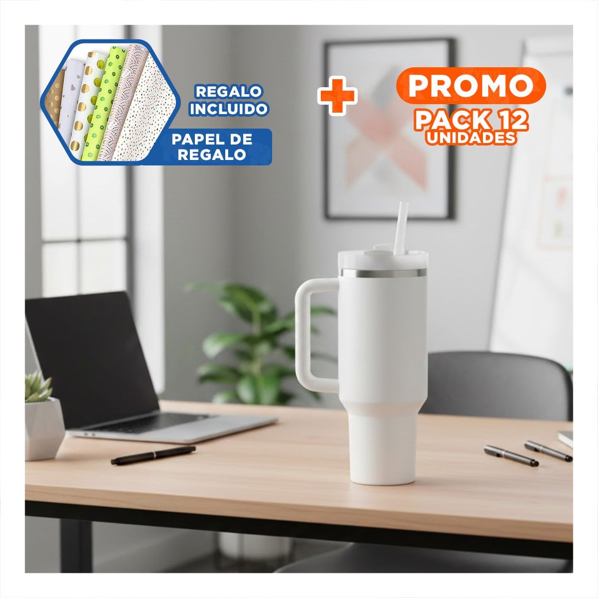 PACK12 TERMO REUTILIZABLE CON ASA Y PICO 1200ML BLANCO Y+PAPEL REGALO - 1