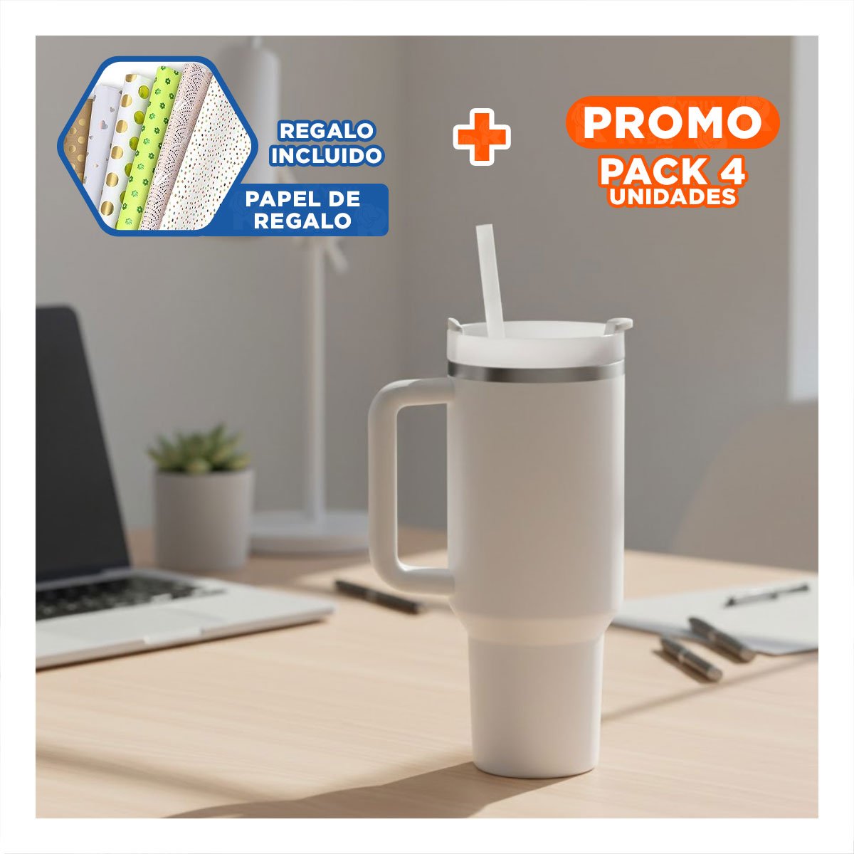 PACK4 FRASCO INSULADO CON ASA Y PICO 1200ML BLANCO REUTILIZABLE Y+PAPEL REGALO - 1