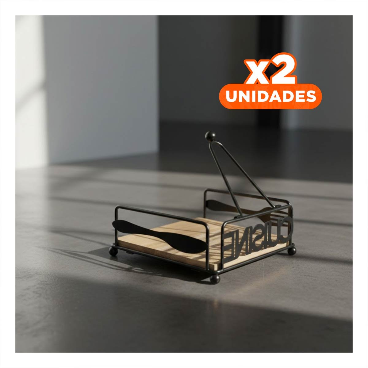PACK2 SOPORTE DECORATIVO DE MADERA Y ACERO NEGRO PARA MESA Y+REGALO STICKER - 1