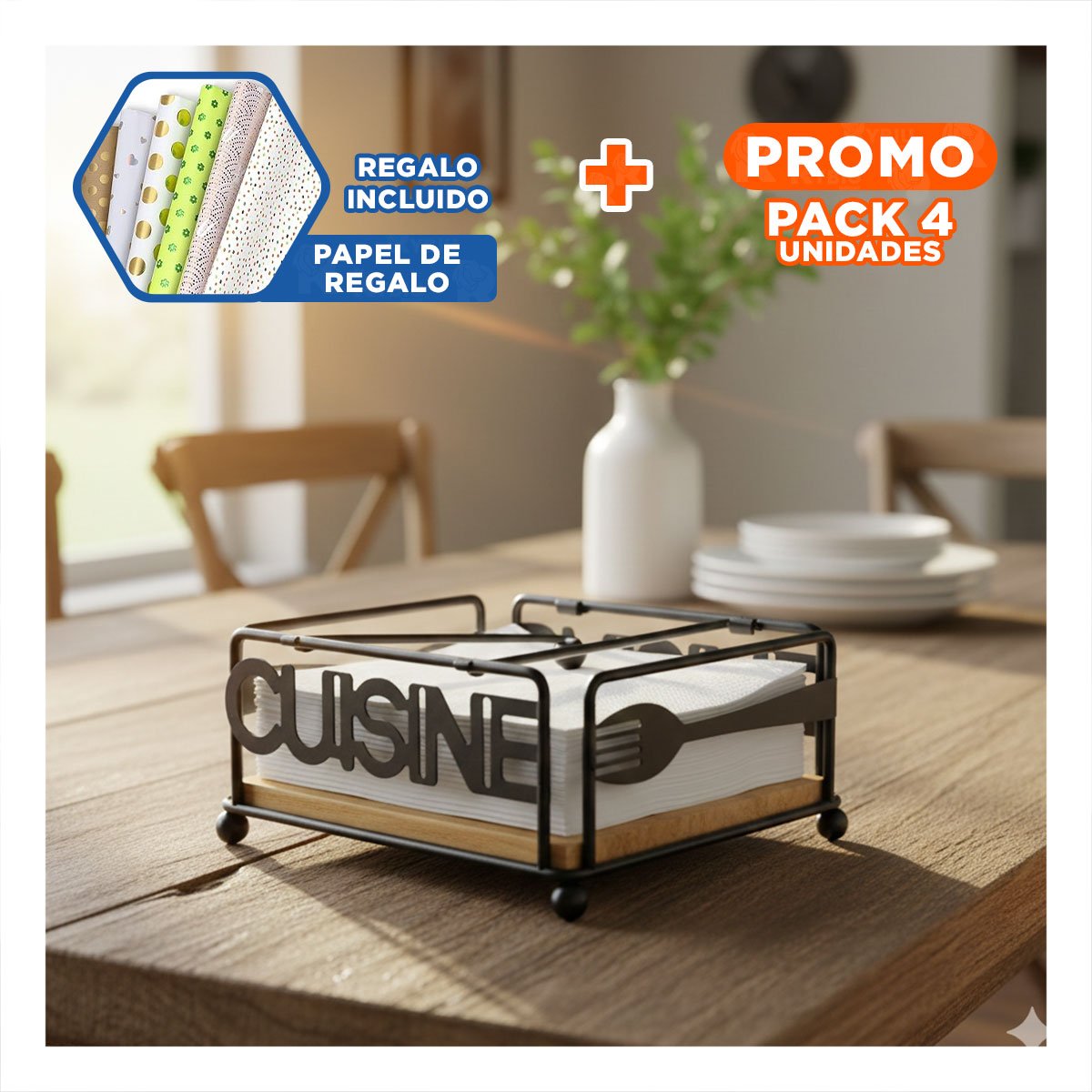 PACK4 ORGANIZADOR DECORATIVO DE MADERA Y ACERO NEGRO Y+PAPEL REGALO - 1