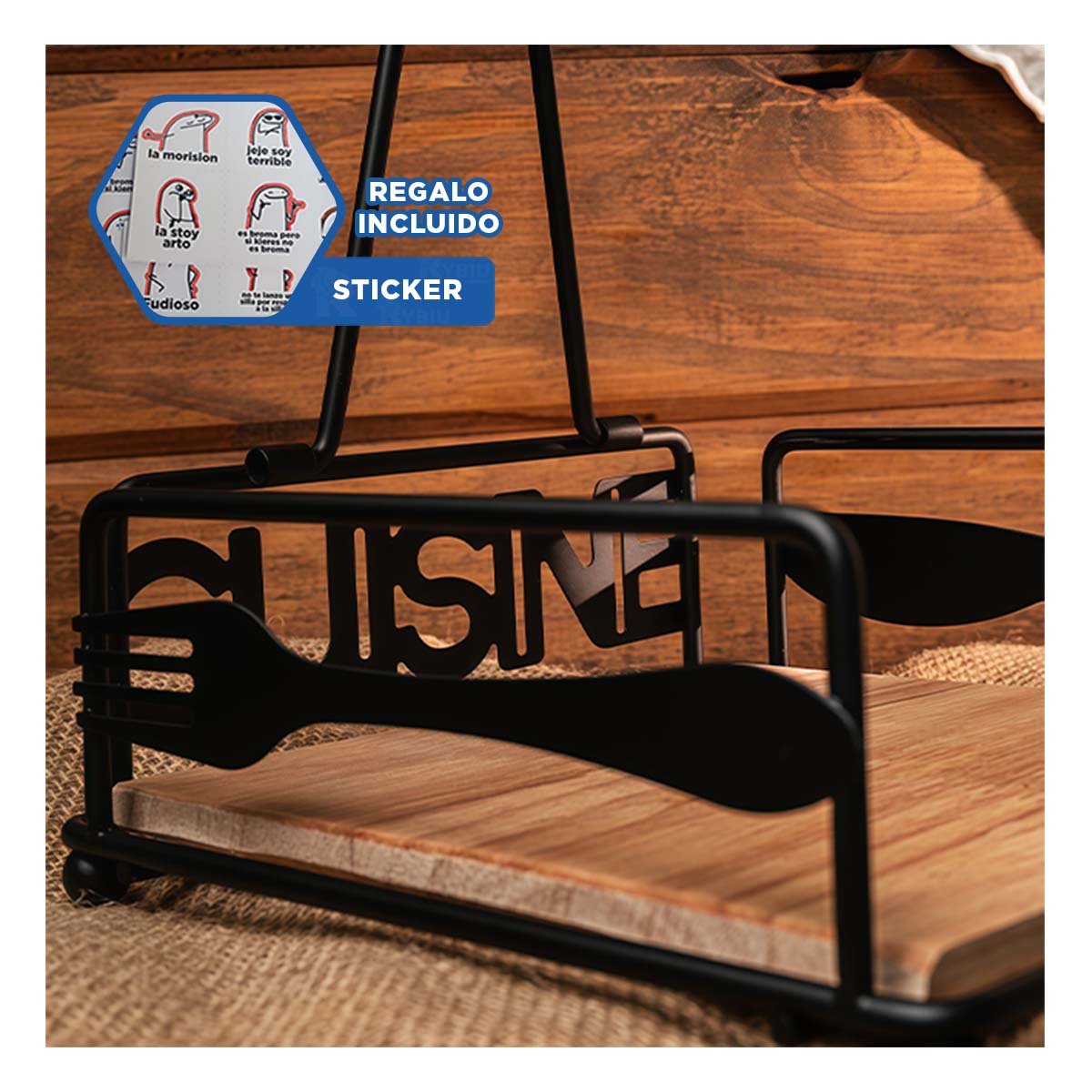 CONTENEDOR DE SERVILLETAS DE MADERA Y ACERO NEGRO PARA COCINA Y+REGALO STICKER - 1