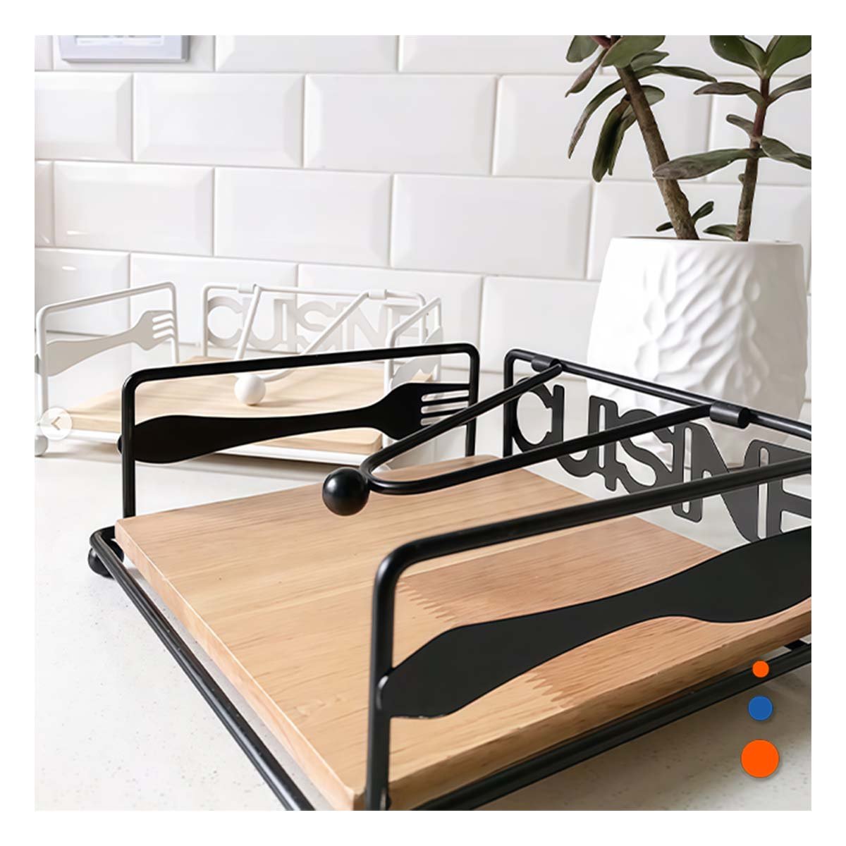 CONTENEDOR DE SERVILLETAS DE MADERA Y ACERO NEGRO PARA COCINA Y+REGALO STICKER - 5