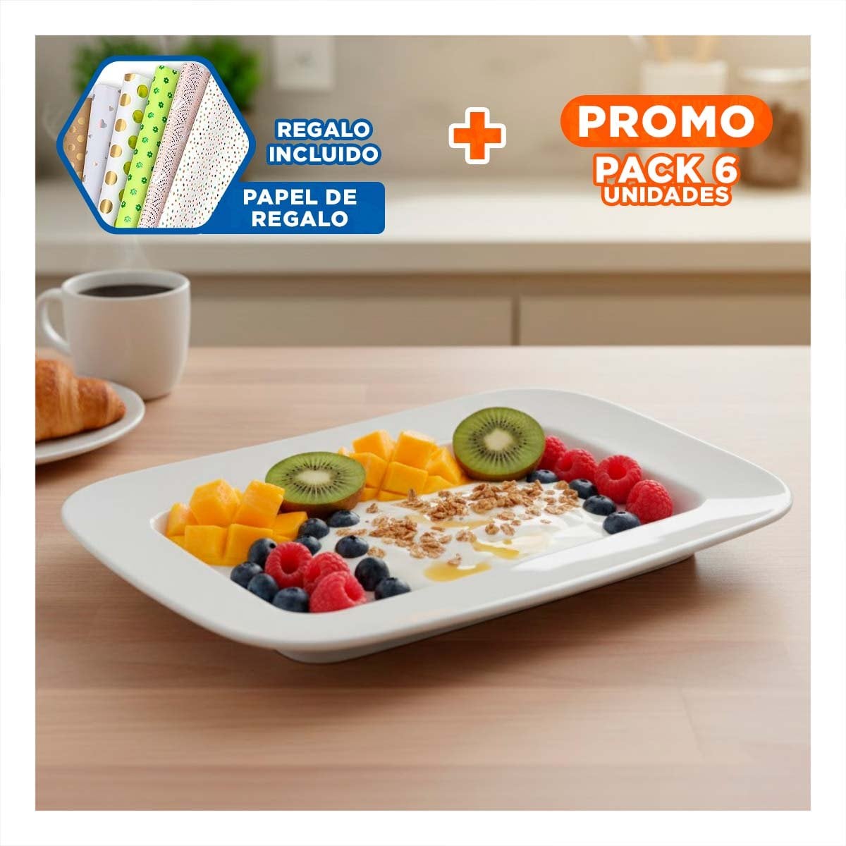 PACK6 CERAMICA MODERNA RECTANGULAR CON BORDE CURVO BLANCO Y+PAPEL REGALO - 1