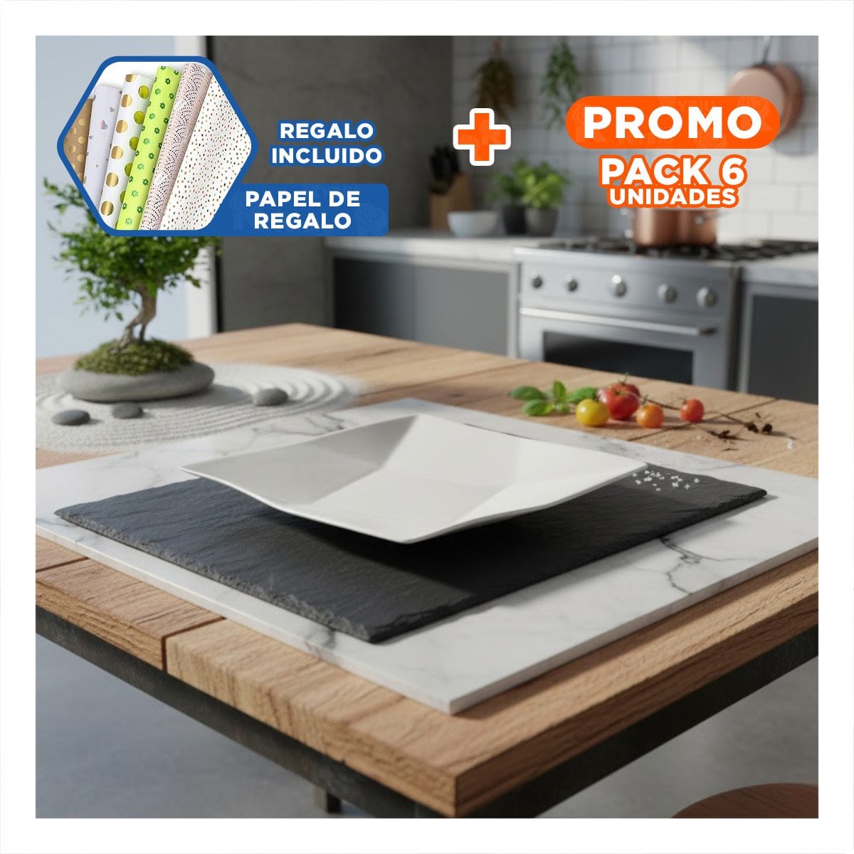 PACK6 VAJILLA MODERNA CUADRADA MODELO ORIGAMI BLANCO PARA MESA EN CASA Y+PAPEL REGALO - 1