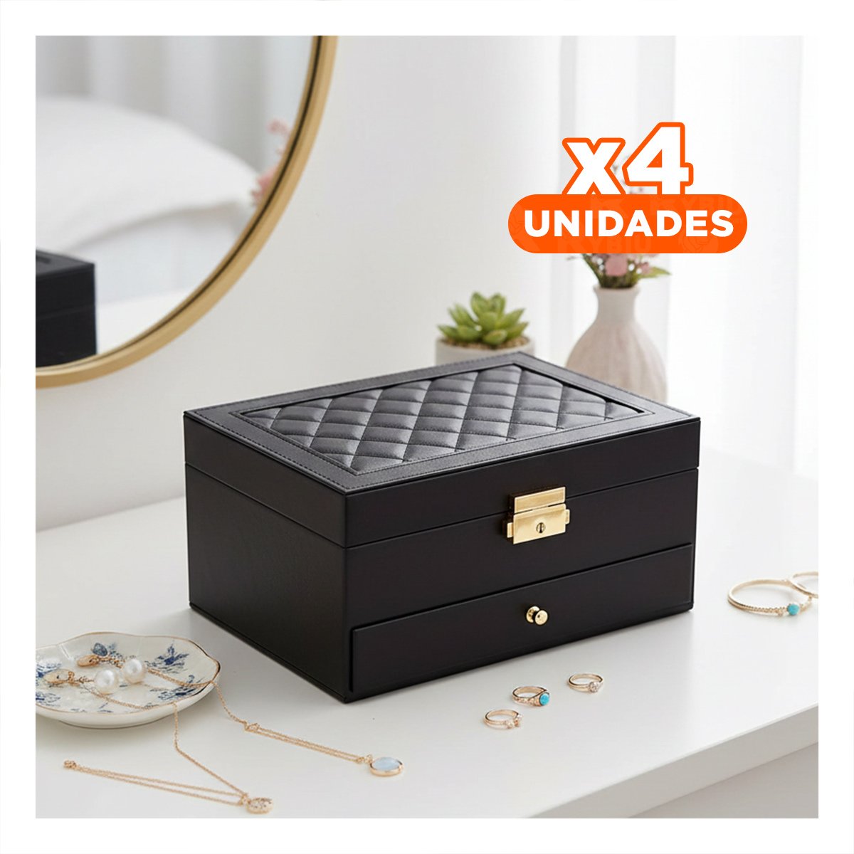 PACK4 CAJA 23X17X10,5 CM NEGRA 2 NIVELES CON CAJON Y LLAVE PARA JOYAS - 1