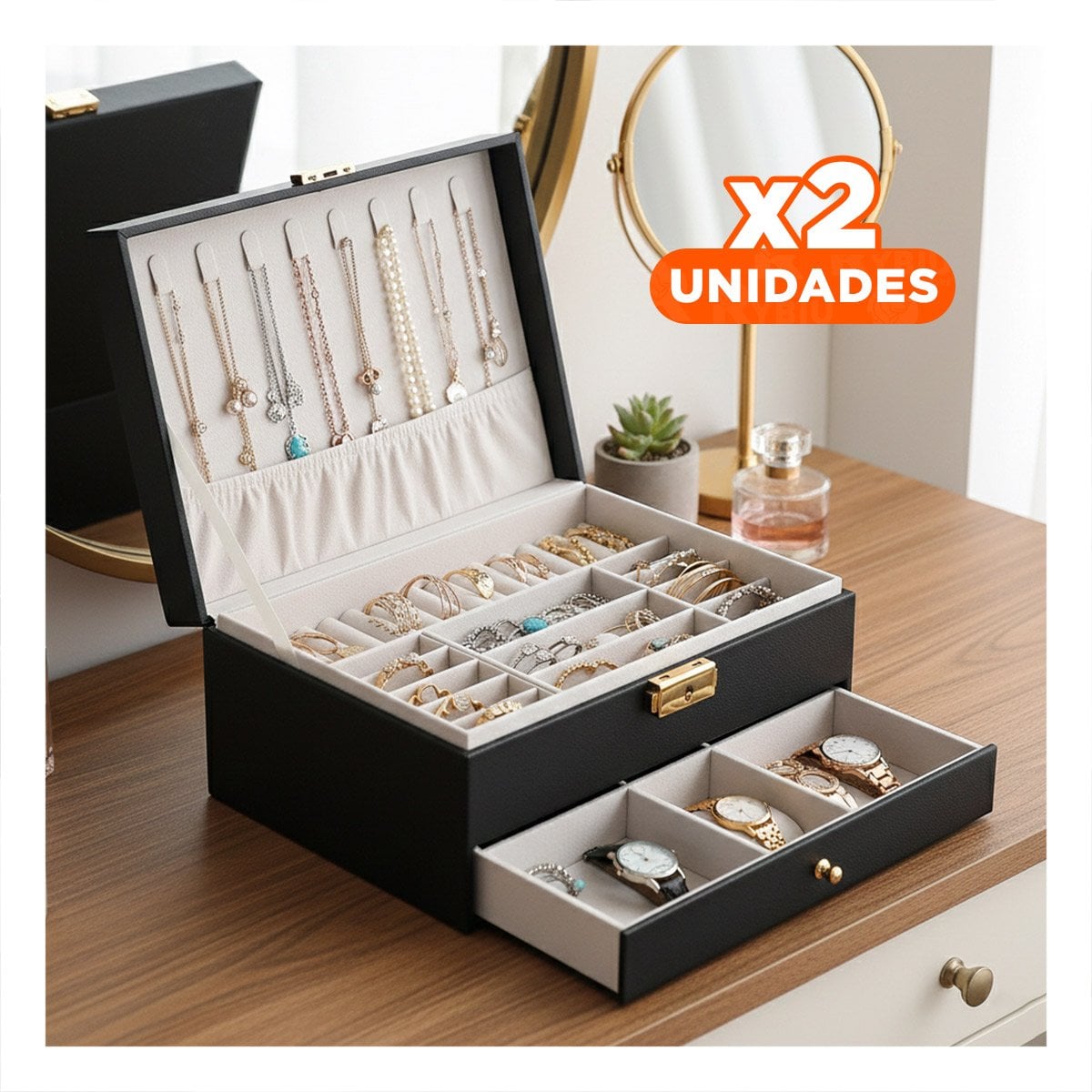 PACK2 ORGANIZADOR 23X17X10,5 CM NEGRO 2 NIVELES CON CAJON Y LLAVE PARA JOYAS Y+REGALO STICKER - 1