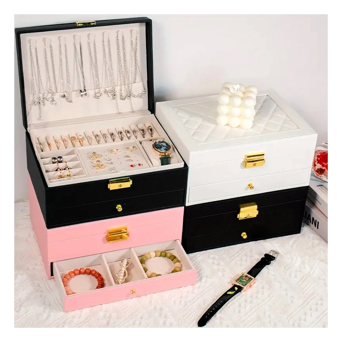 PACK2 ORGANIZADOR 23X17X10,5 CM NEGRO 2 NIVELES CON CAJON Y LLAVE PARA JOYAS Y+REGALO STICKER - 3