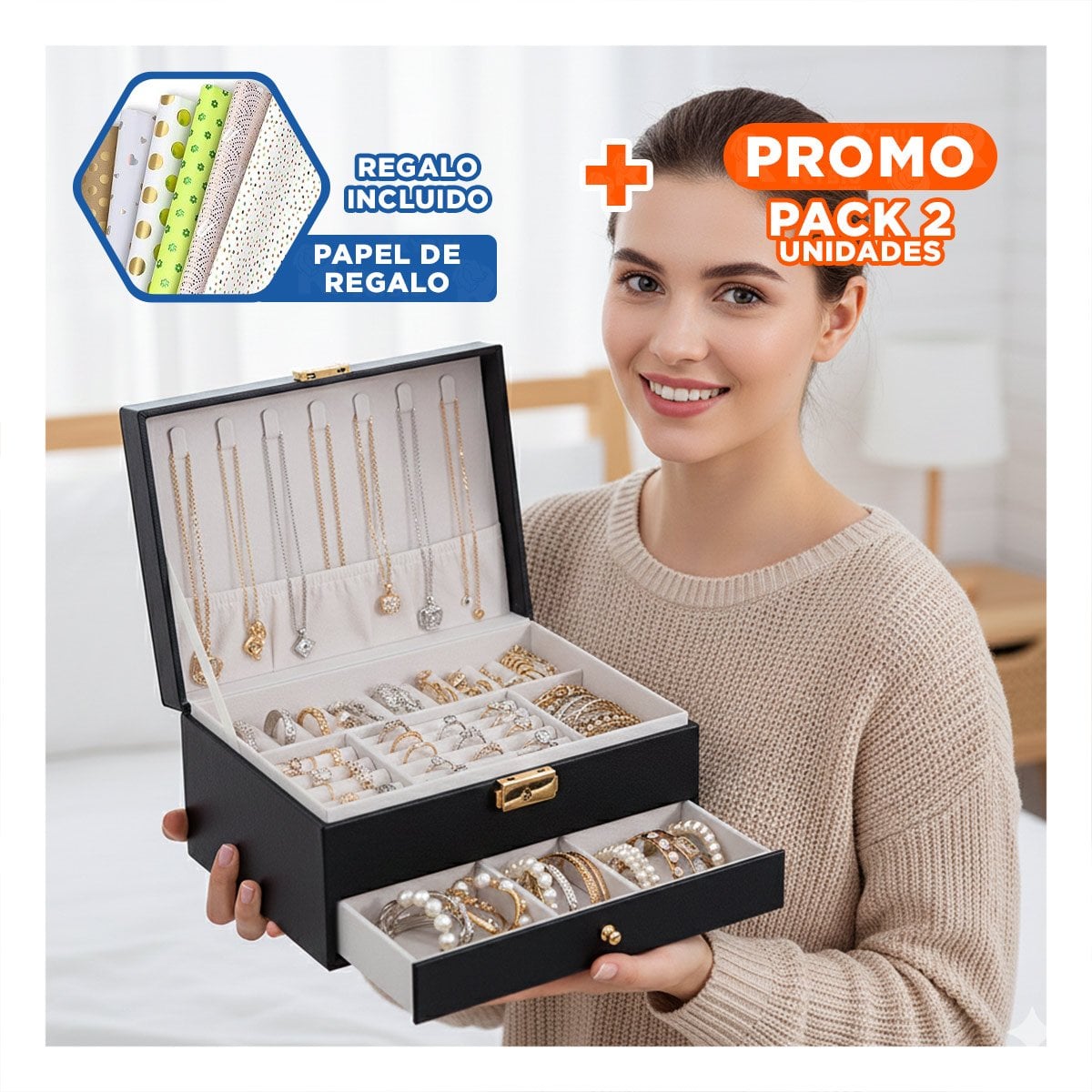 PACK2 ESTUCHE 23X17X10,5 CM NEGRO 2 NIVELES CON CAJON Y LLAVE PARA JOYAS Y+PAPEL REGALO - 1
