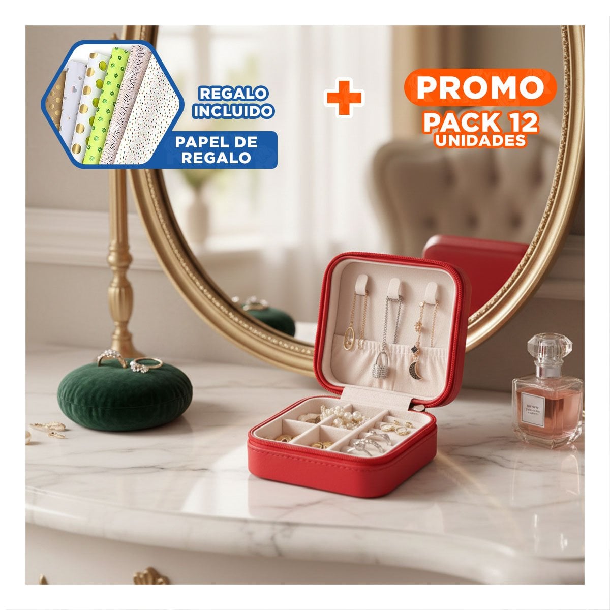 PACK12 MODELO ROJO MINI JOYERO PORTATIL PARA MUJER Y+PAPEL REGALO - 1