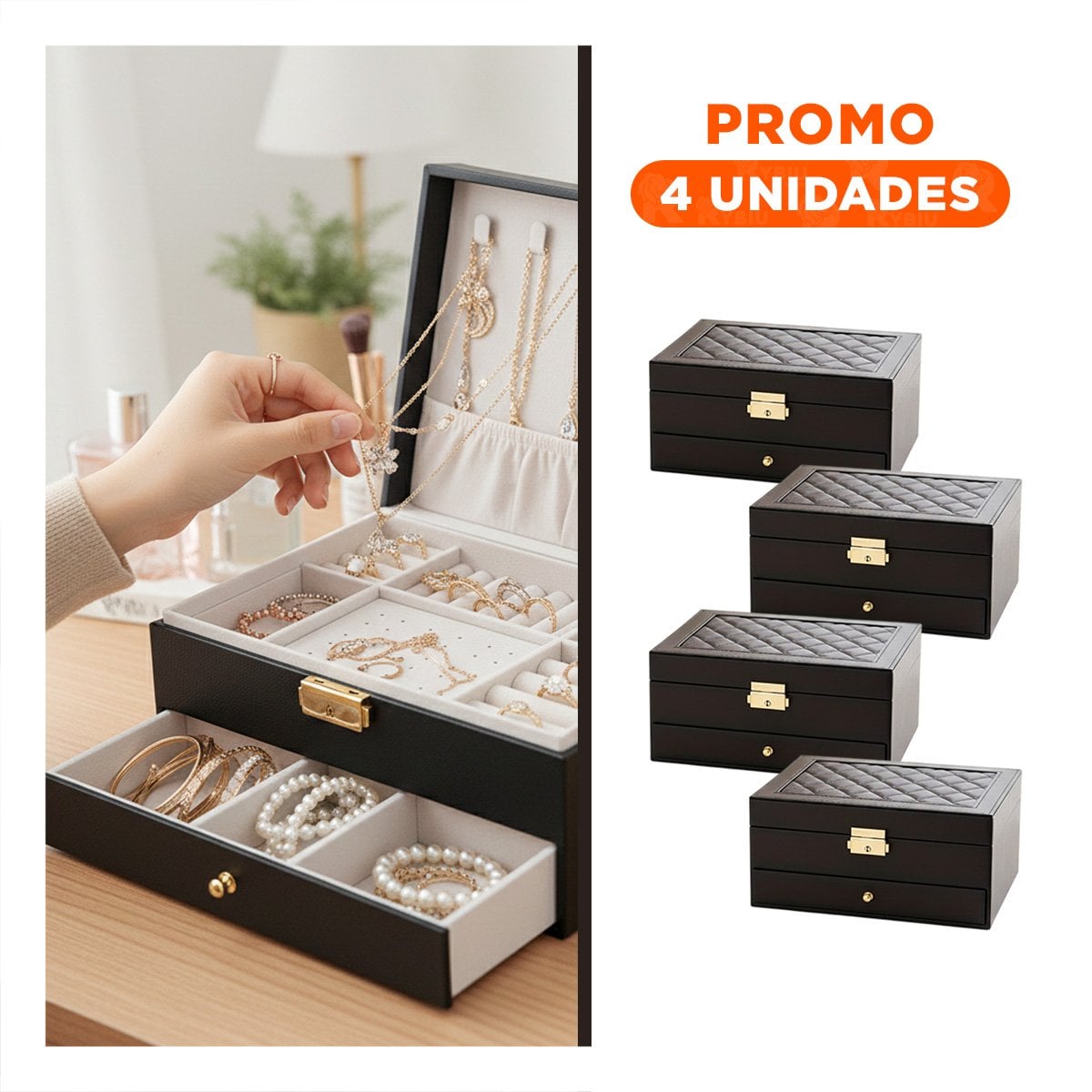 PACK4 ALHAJERO 23X17X10,5 CM NEGRO 2 NIVELES CON CAJON Y LLAVE PARA JOYAS Y+REGALO STICKER - 1