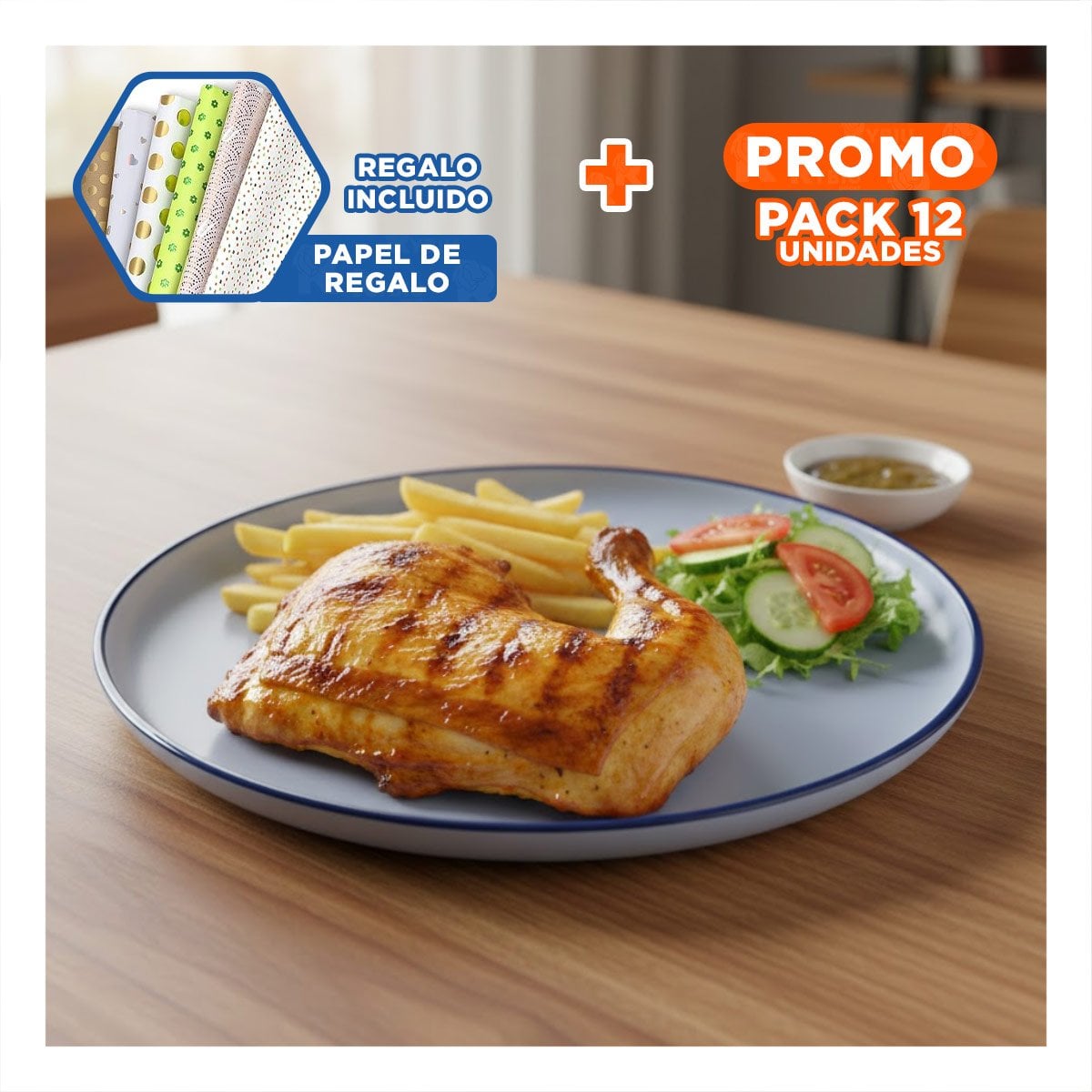 PACK12 RECIPIENTE ELEGANTE CIRCULAR CON BORDE AZUL PARA COMEDOR MODERNO Y+PAPEL REGALO - 1