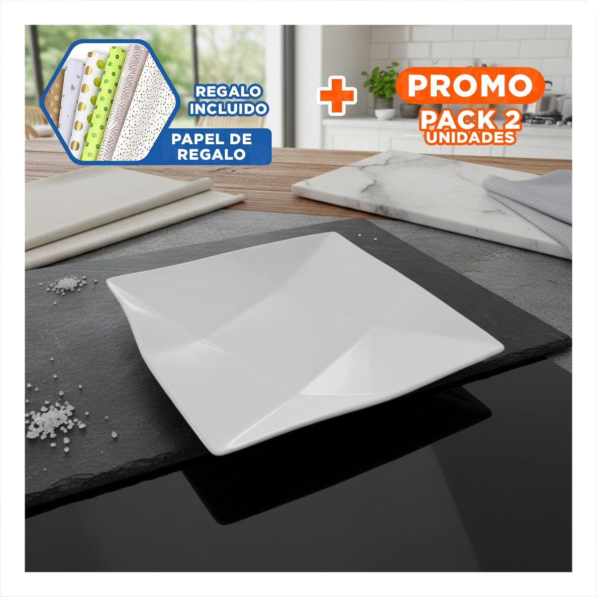 PACK2 BANDEJA DE MESA CUADRADA MODELO ORIGAMI BLANCO PARA PRESENTACION MODERNA Y+PAPEL REGALO - 1