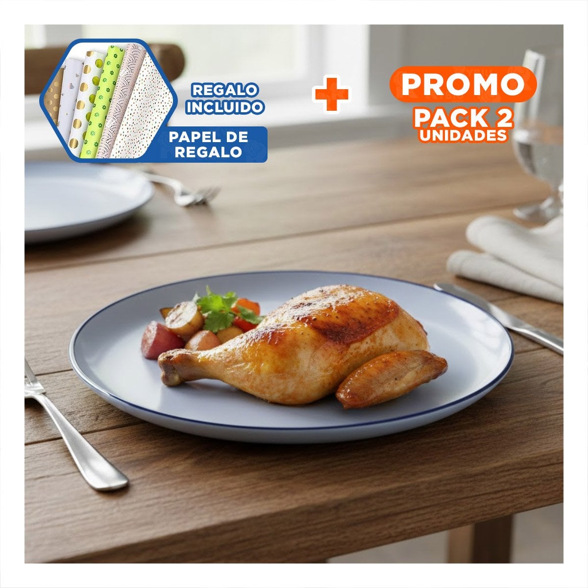 PACK2 PIEZA ELEGANTE CIRCULAR CON BORDE AZUL PARA COMEDOR FAMILIAR Y+PAPEL REGALO - 1