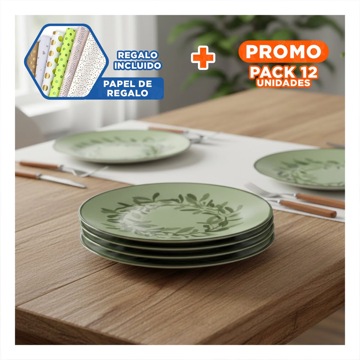 PACK12 RECIPIENTE FESTIVO CIRCULAR CON CORONA DE HOJAS PARA DECORACION Y+PAPEL REGALO - 1