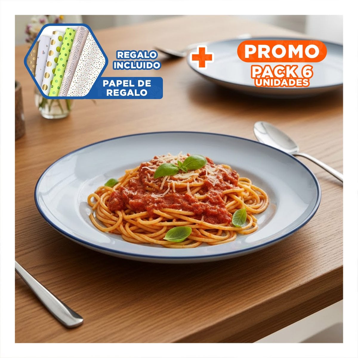 PACK6 CENTRO ELEGANTE CIRCULAR CON BORDE AZUL PARA COMEDOR FAMILIAR Y+PAPEL REGALO - 1