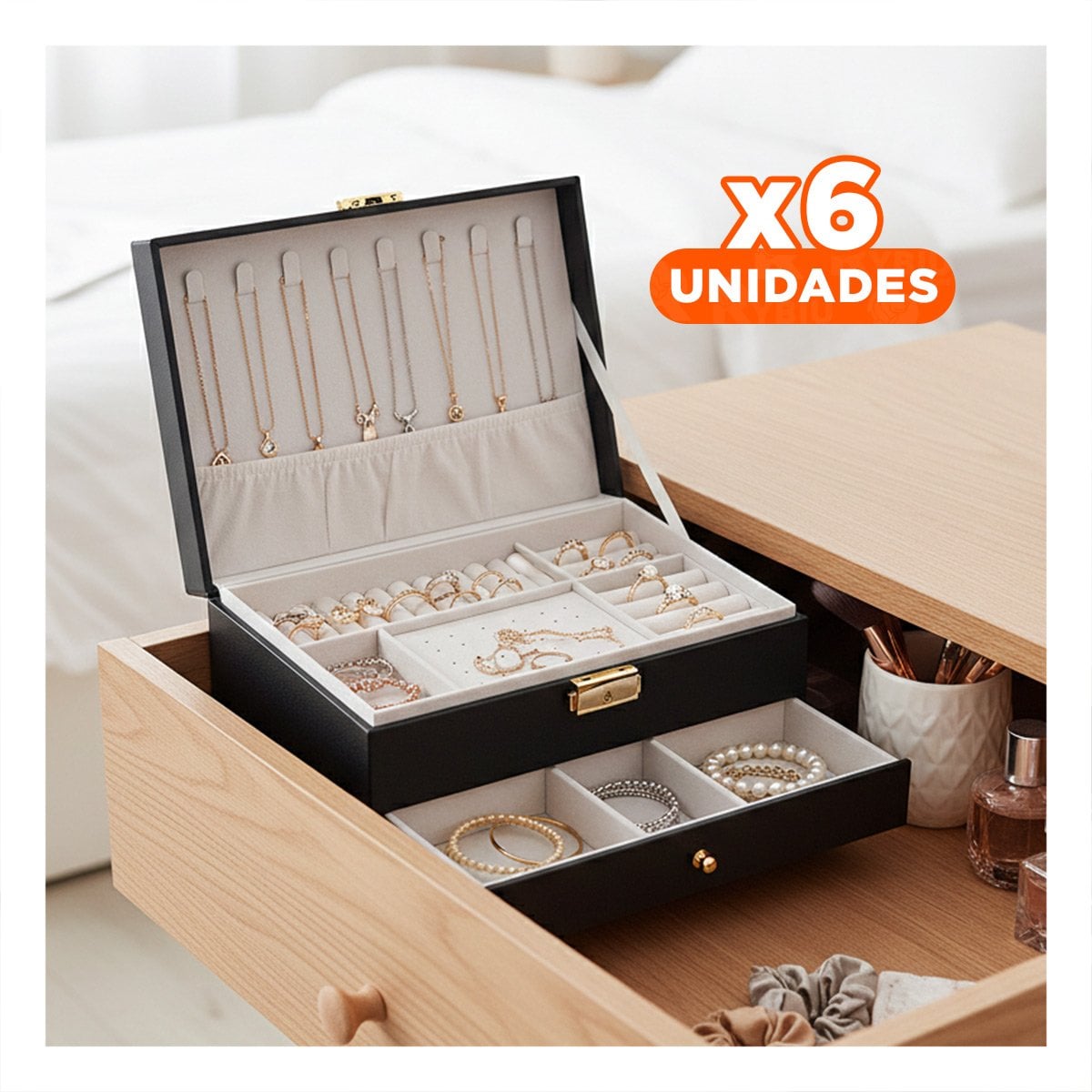 PACK6 MODELO 23X17X10,5 CM NEGRO 2 NIVELES CON CAJON Y LLAVE PARA JOYAS Y+REGALO STICKER - 1