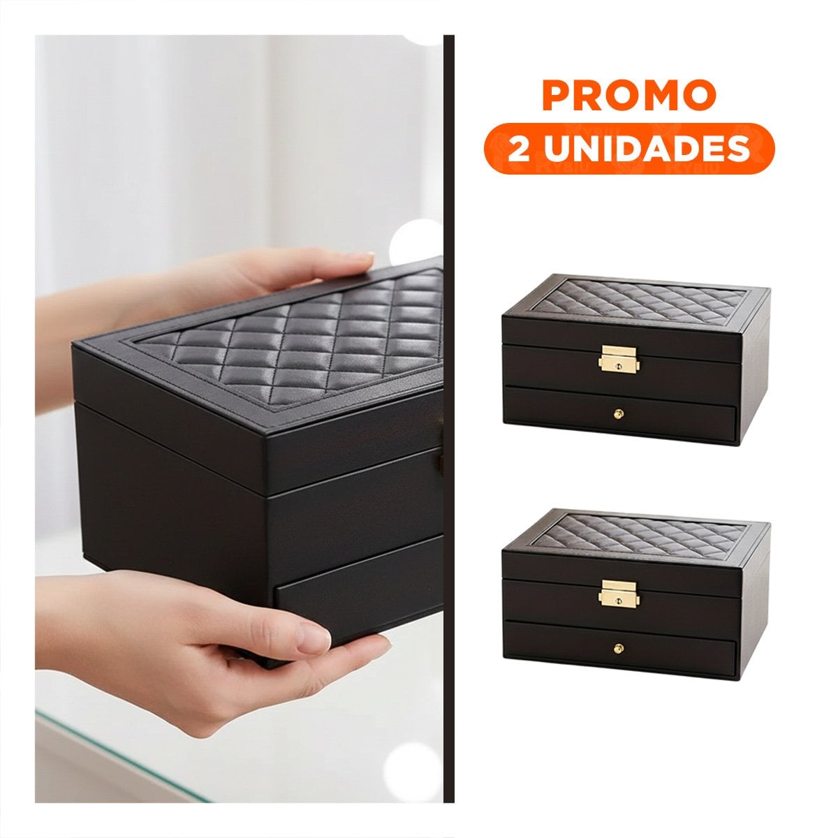 PACK2 KIT JOYERO 2 NIVELES CON CAJON Y LLAVE EN 23X17X10,5 CM NEGRO - 1