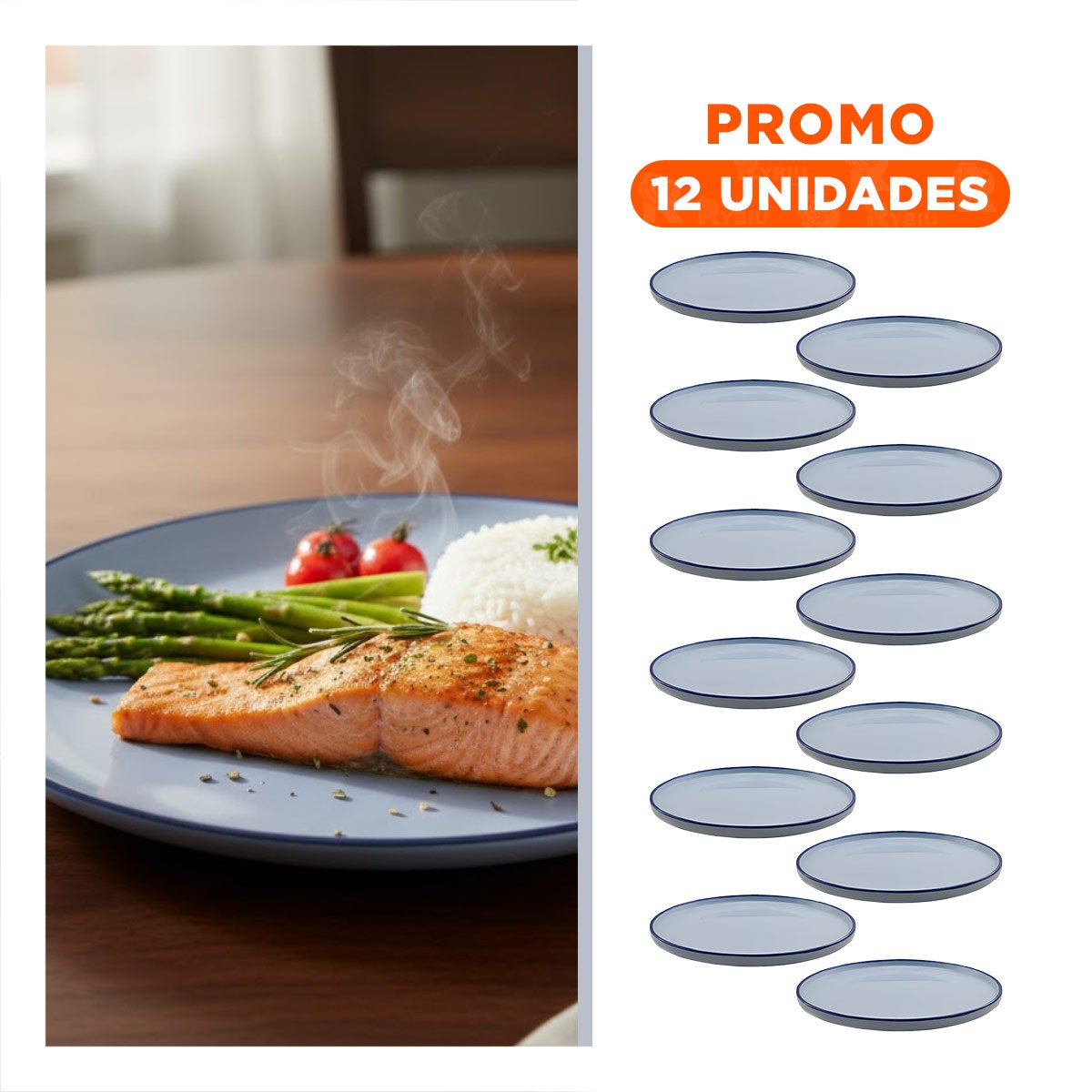 PACK12 PLATO MODERNO CIRCULAR CON BORDE AZUL PARA MESA EN CASA ELEGANTE Y+REGALO STICKER - 1