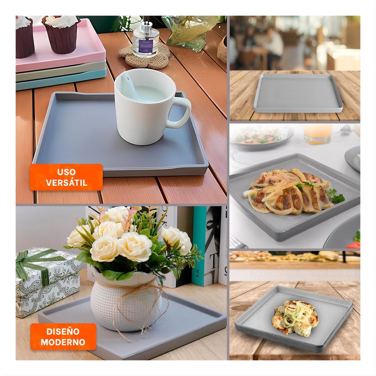 BANDEJA CUADRADA PLOMO PARA MESA Y DECORACION MODERNA EN EL HOGAR - 5