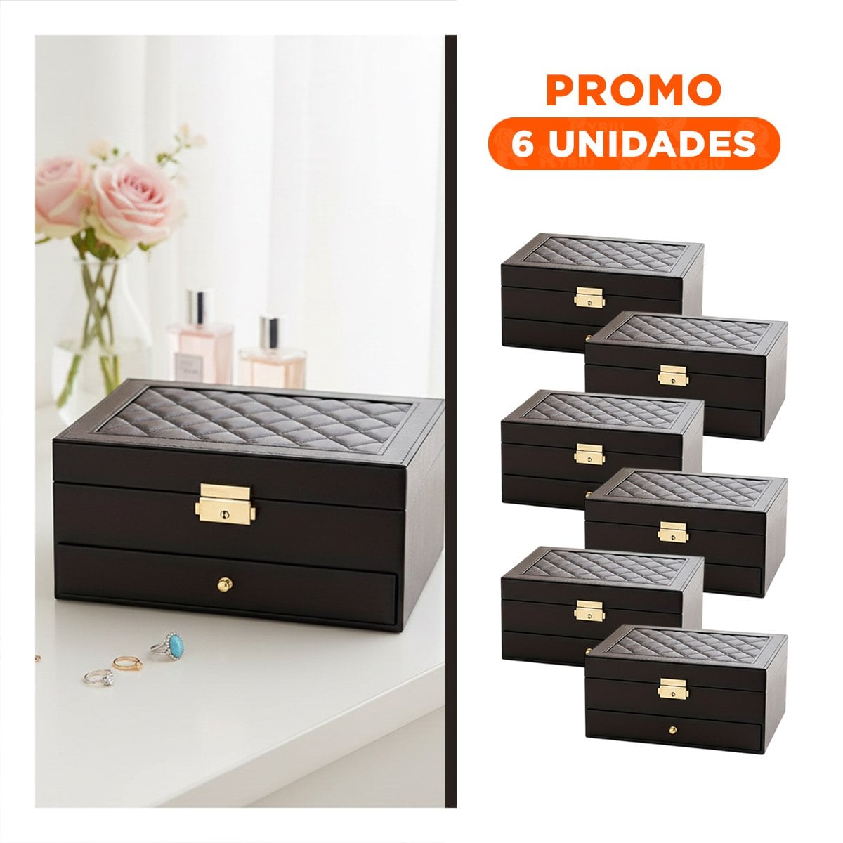 PACK6 ACCESORIO 23X17X10,5 CM NEGRO 2 NIVELES CON CAJON Y LLAVE PARA JOYAS - 1