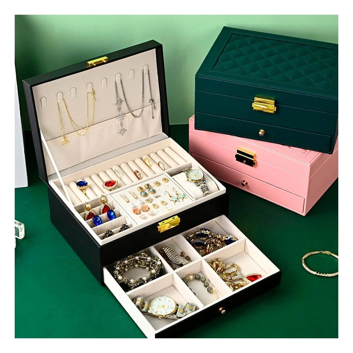 PACK6 ACCESORIO 23X17X10,5 CM NEGRO 2 NIVELES CON CAJON Y LLAVE PARA JOYAS - 5