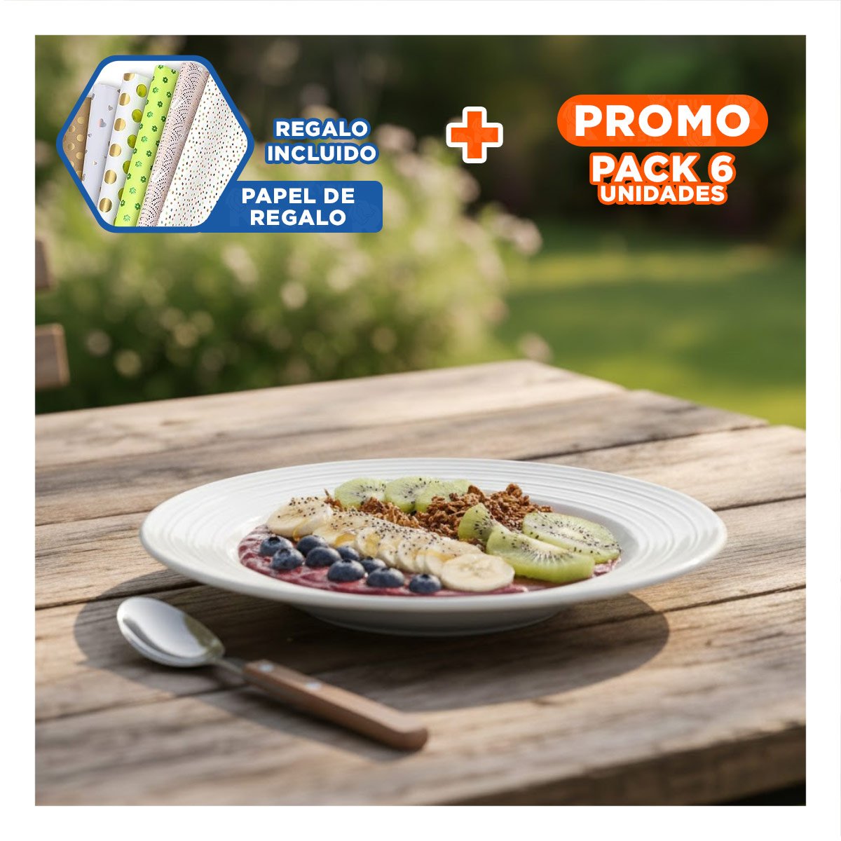 PACK6 CENTRO ELEGANTE CIRCULAR CON BORDE A RAYAS PARA COMEDOR FAMILIAR Y+PAPEL REGALO - 1