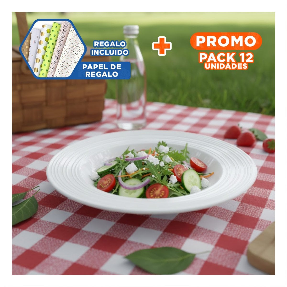 PACK12 RECIPIENTE ELEGANTE CIRCULAR CON BORDE A RAYAS PARA COMEDOR MODERNO Y+PAPEL REGALO - 1
