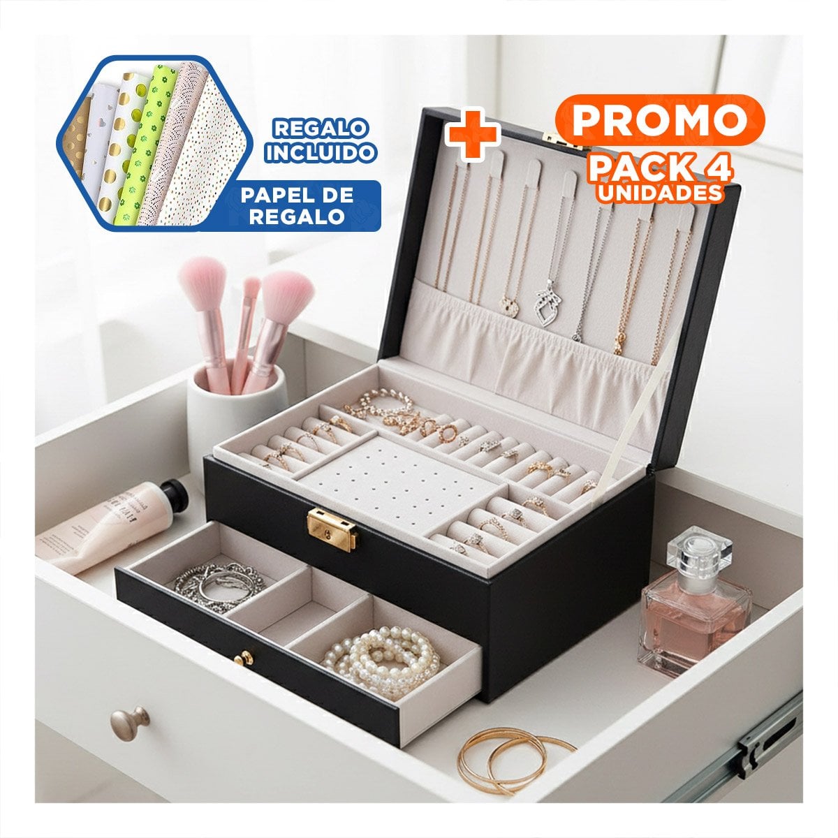 PACK4 COFRE 23X17X10,5 CM NEGRO 2 NIVELES CON CAJON Y LLAVE PARA JOYAS Y+PAPEL REGALO - 1