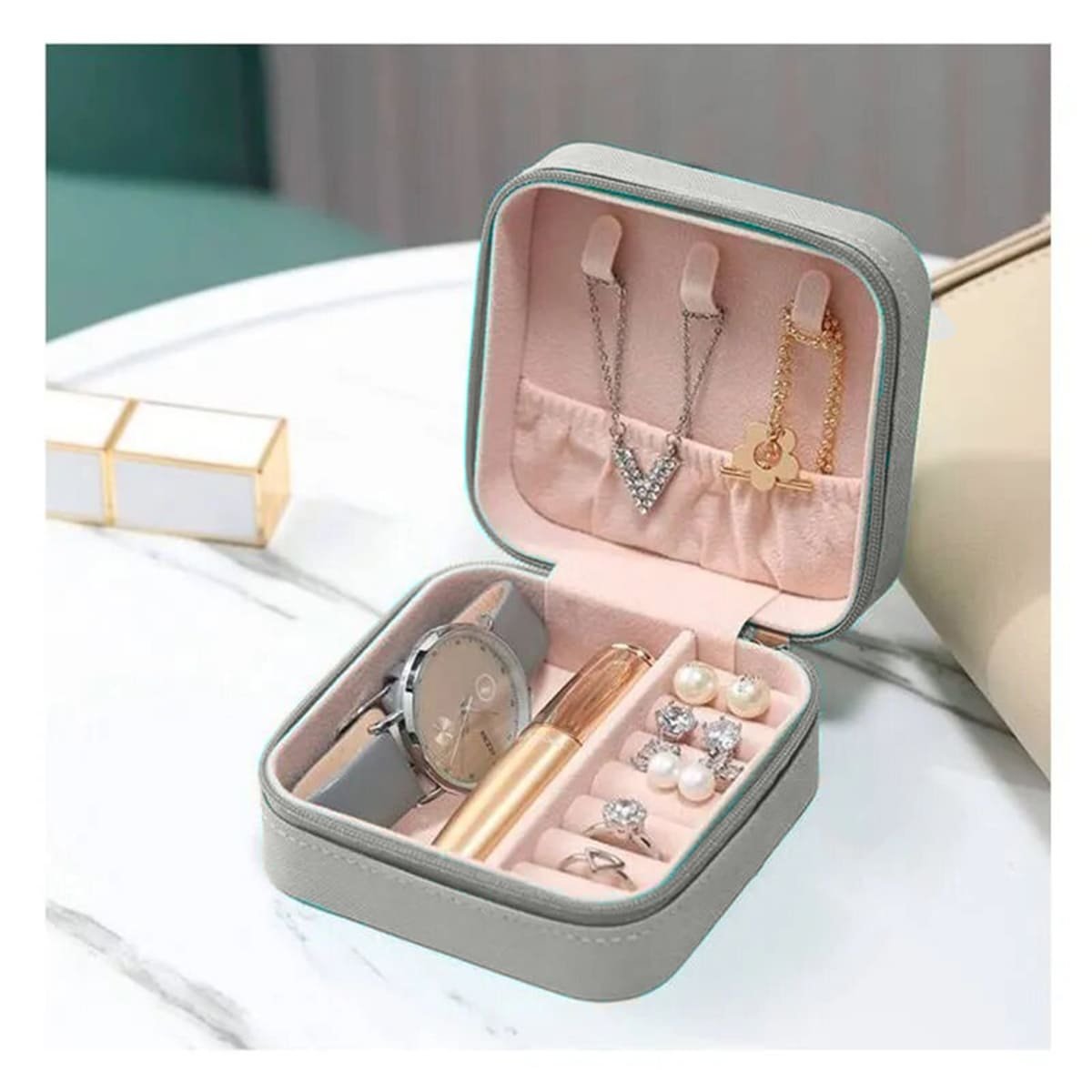 PRESENTACION JOYERO MINI PORTATIL PARA MUJER EN GRIS AGUA Y+POST IT - 3