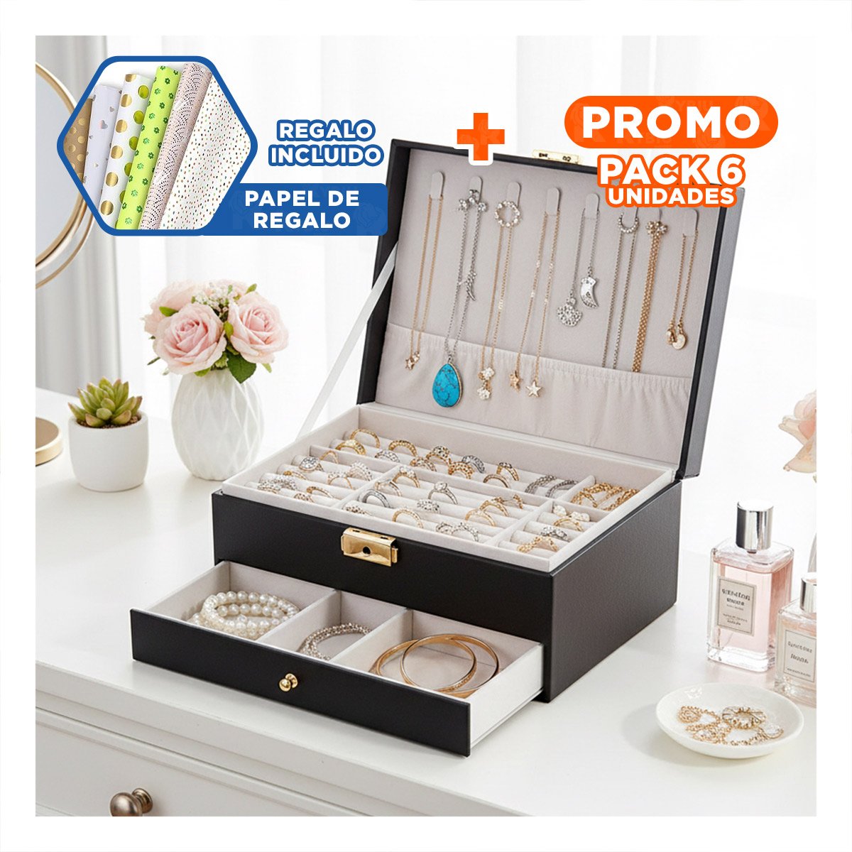 PACK6 COMPLEMENTO 23X17X10,5 CM NEGRO 2 NIVELES CON CAJON Y LLAVE PARA JOYAS Y+PAPEL REGALO - 1