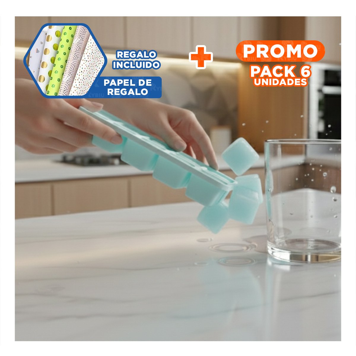 PACK6 DISPENSADOR MULTIUSO DE MOLDES DE HIELO CELESTE Y+PAPEL REGALO - 1