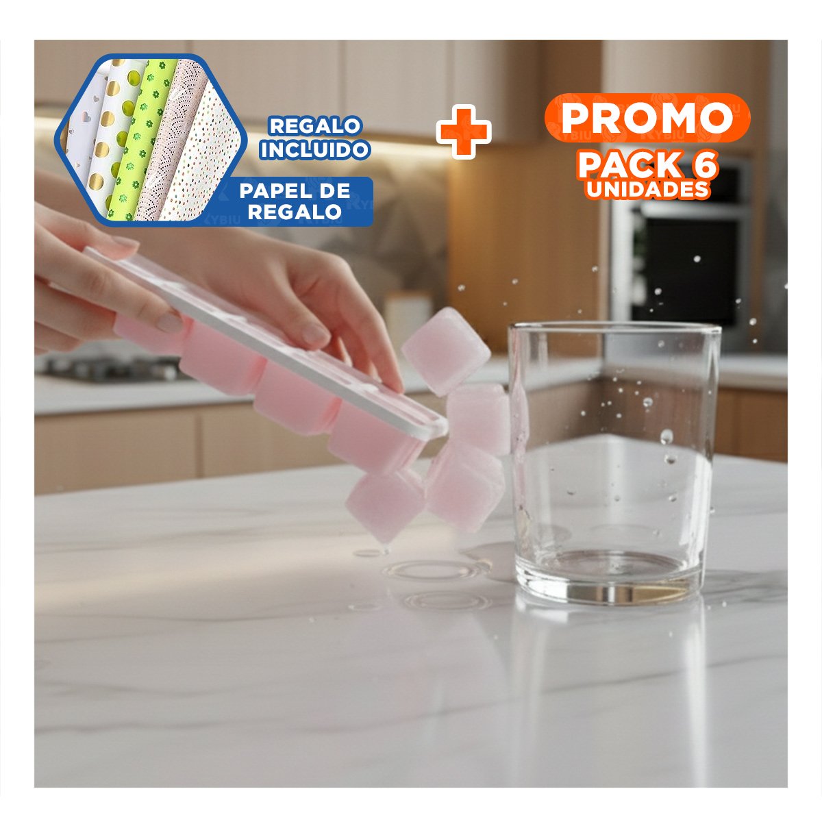 PACK6 BANDEJA DE HIELO CON SELLO DE SEGURIDAD ROSADO 7X2 PARA SU NEVERA Y+PAPEL REGALO - 1