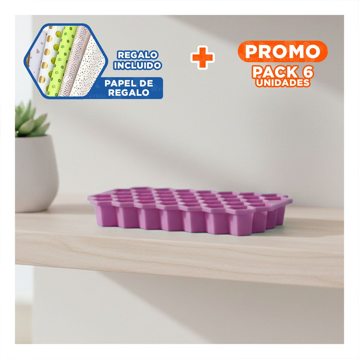 PACK6 BANDEJA DE HIELO CON SELLO ROSADO 20,5X12CM PARA MAS SEGURIDAD Y+PAPEL REGALO - 1