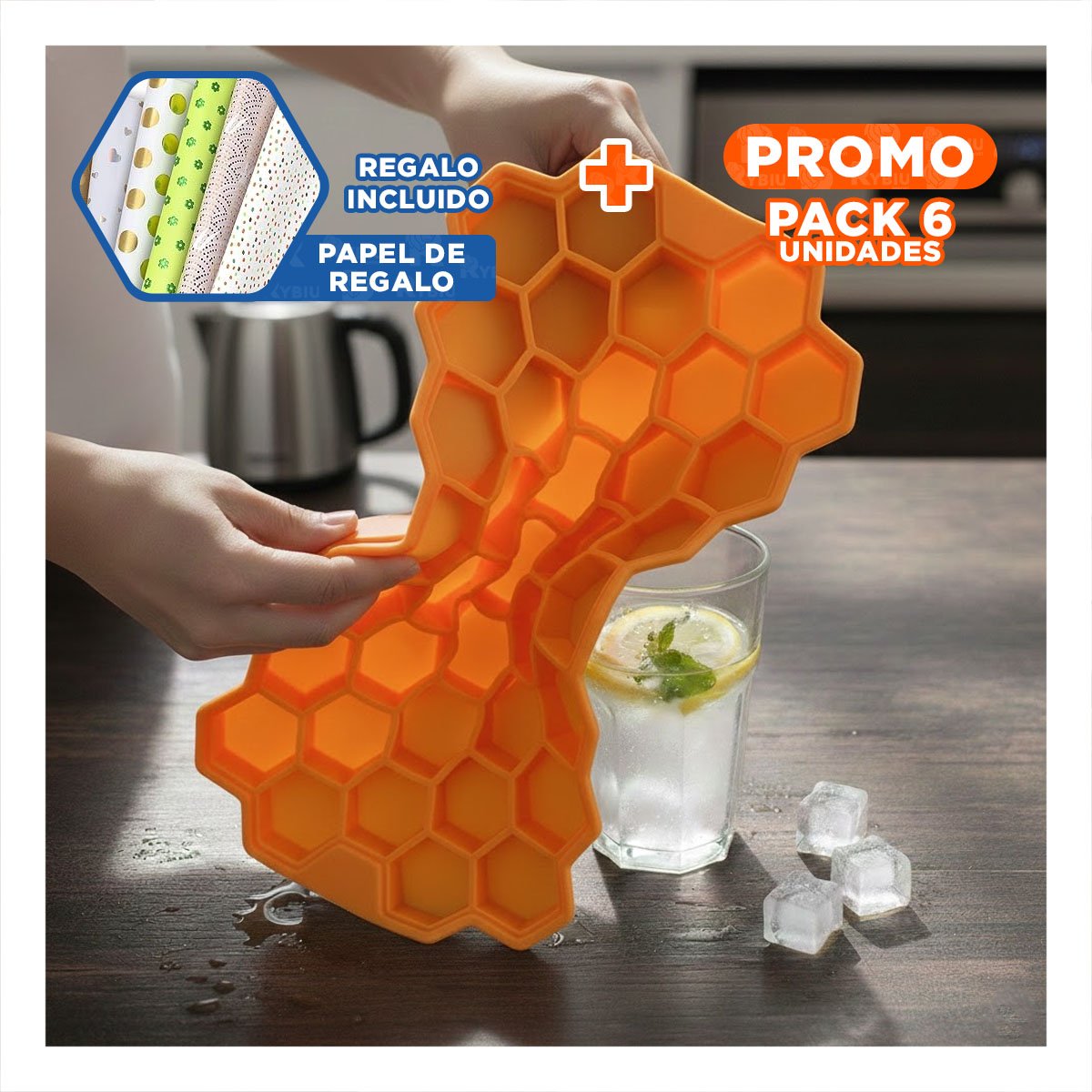 PACK6 BANDEJA DE HIELO CON SELLO NARANJA 20,5X12CM PARA MAS SEGURIDAD Y+PAPEL REGALO - 1