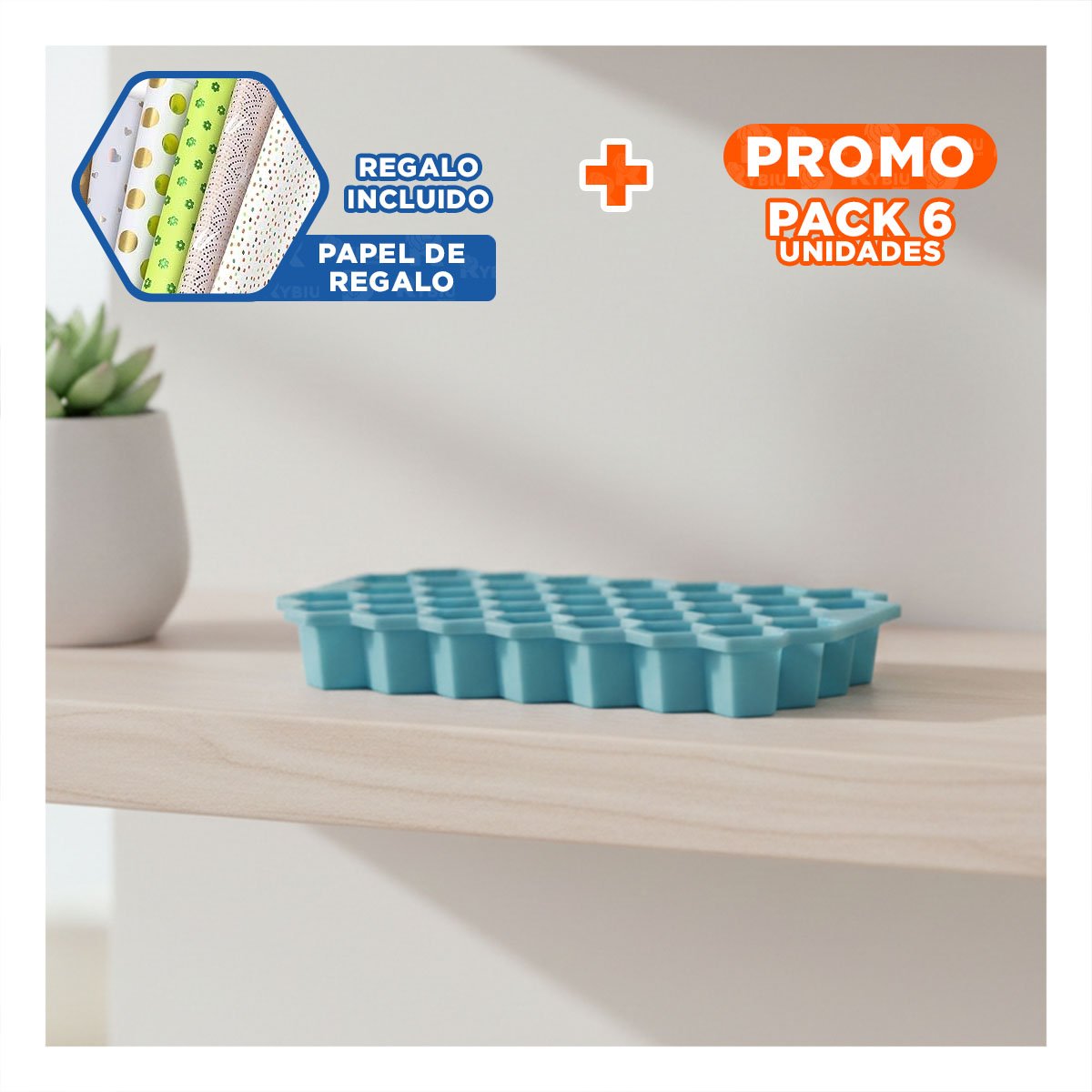 PACK6 BANDEJA DE HIELO CON SELLO CELESTE 20,5X12CM PARA MAS SEGURIDAD Y+PAPEL REGALO - 1