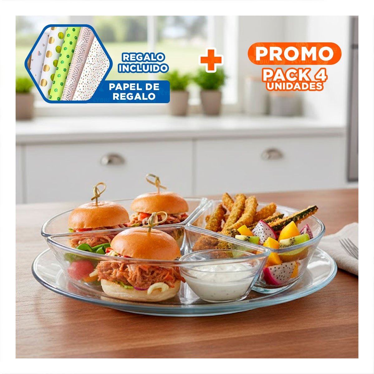 PACK4 SET DE APERITIVOS TRANSPARENTE 3 DIVISIONES PARA LA ARMONIA DE SUS HIJOS Y+PAPEL REGALO - 1