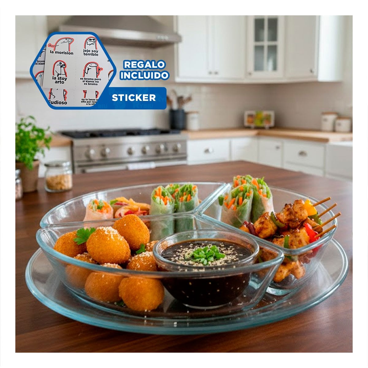 BANDEJA BOTANERA TRANSPARENTE 3 DIVISIONES PARA BRINDAR SABOR CON ESTILO Y+REGALO STICKER - 1