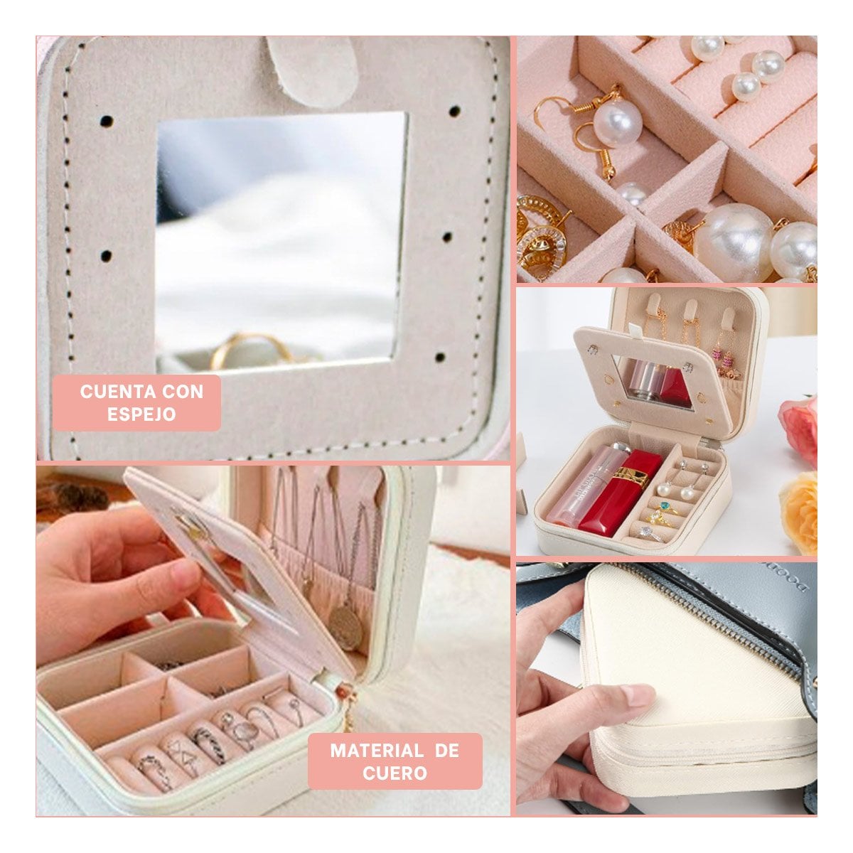 ORGANIZADOR DE VIAJE CON ESPEJO CUERO PU BLANCO PARA JOYAS Y+POST IT - 1