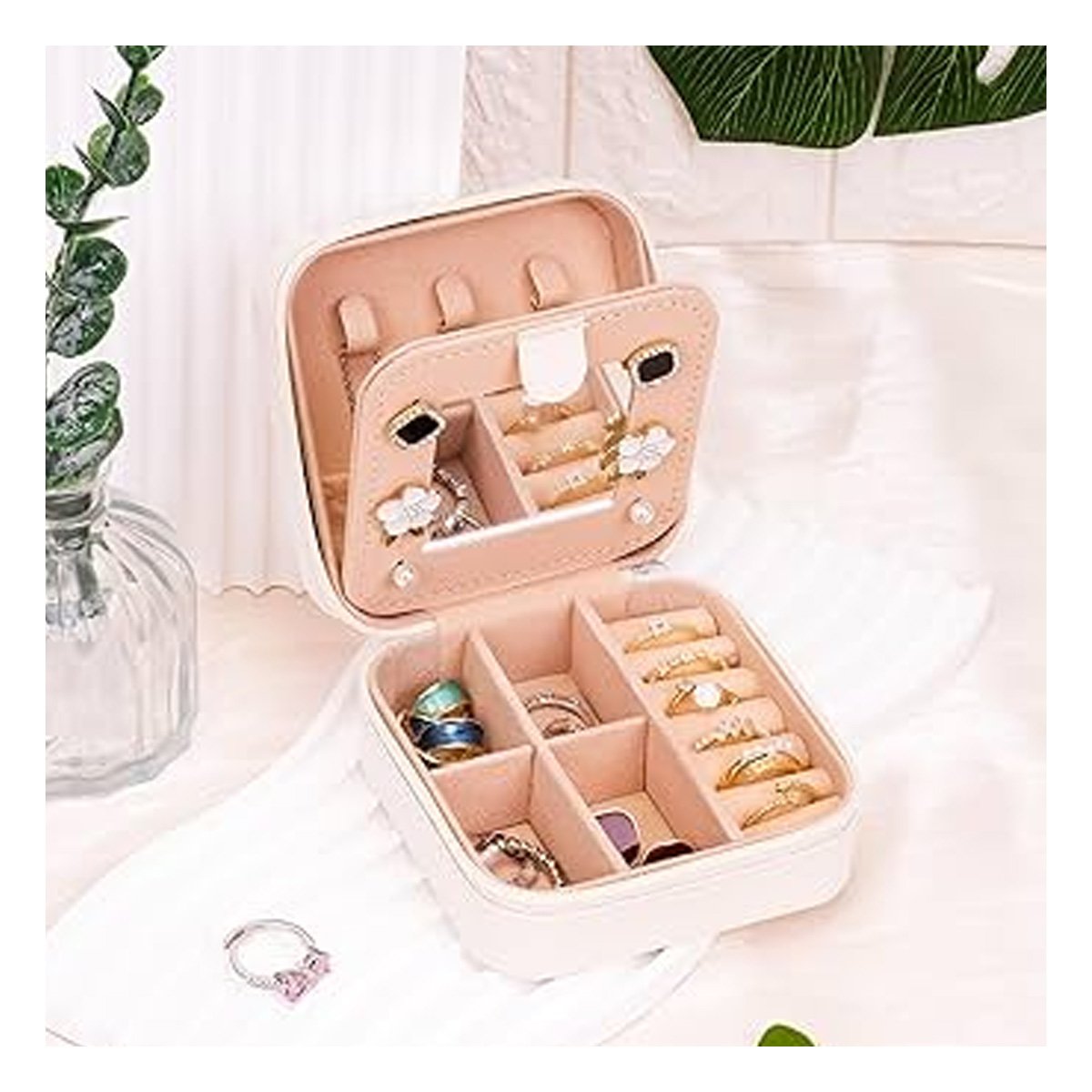 ORGANIZADOR DE VIAJE CON ESPEJO CUERO PU BLANCO PARA JOYAS Y+POST IT - 2