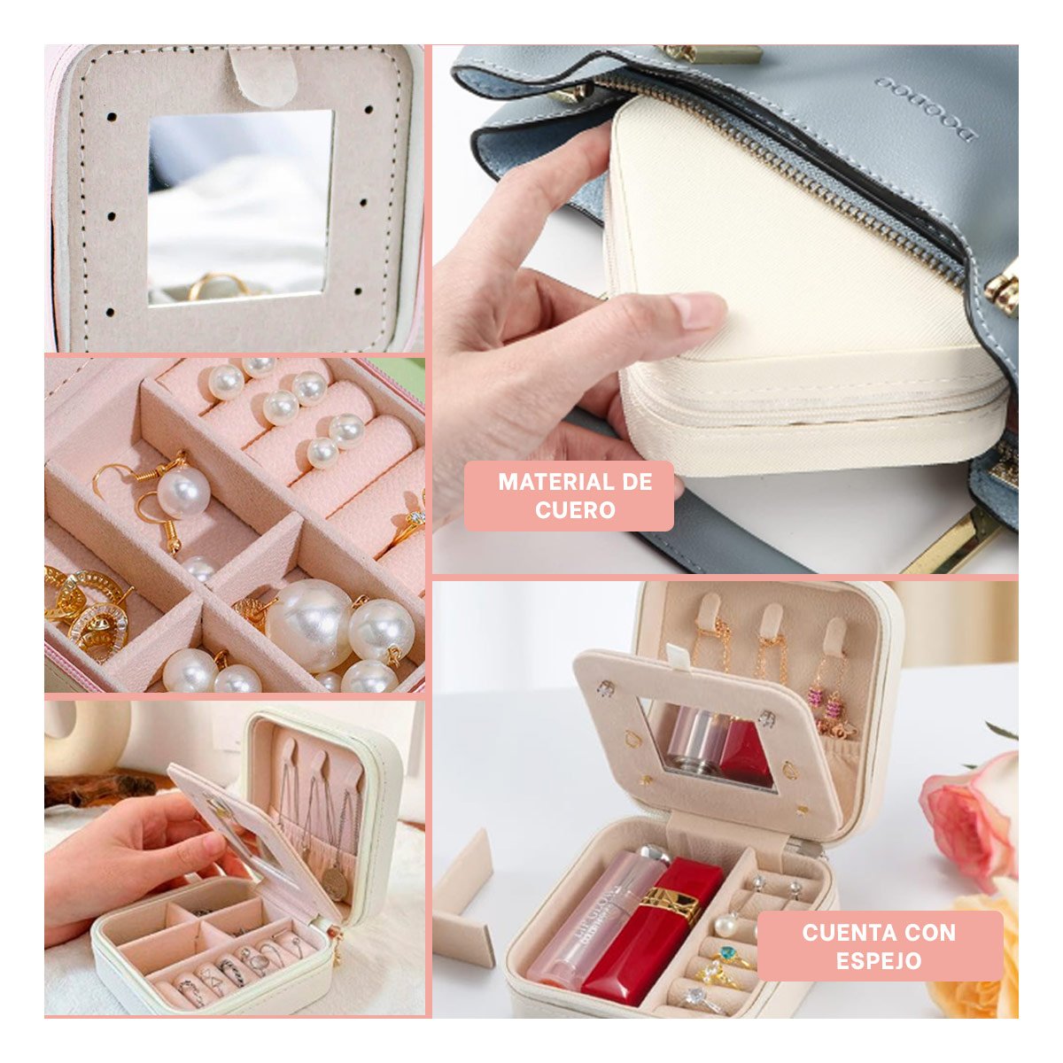 ORGANIZADOR DE VIAJE CON ESPEJO CUERO PU BLANCO PARA JOYAS Y+POST IT - 5