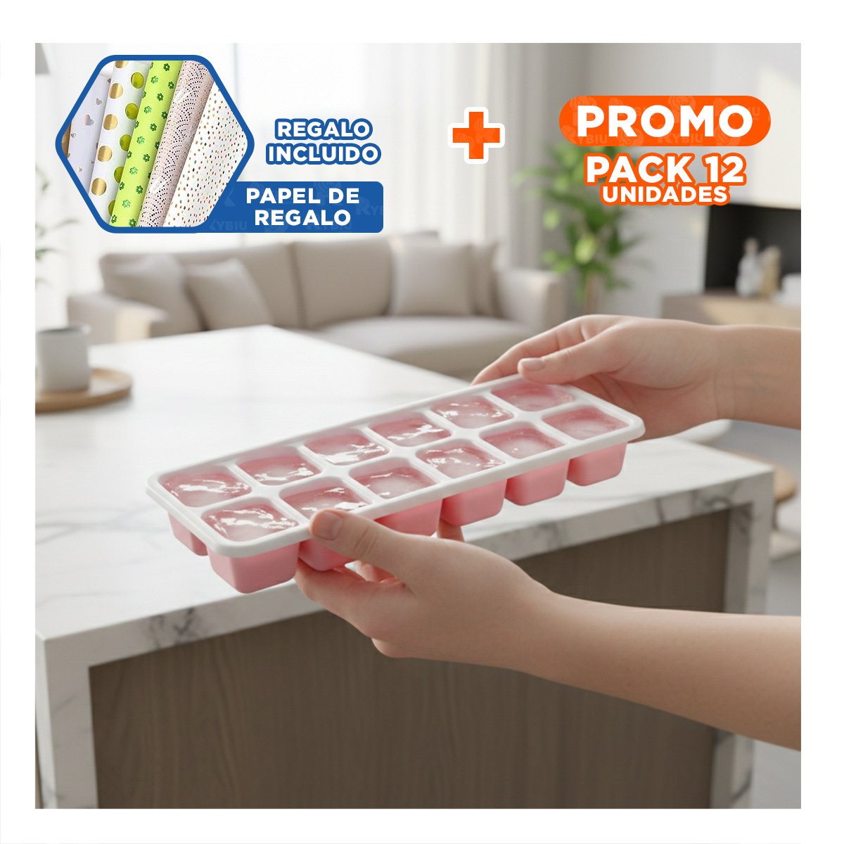 PACK12 HIELERA DE CUBOS DE FUNCION PRACTICA ROSADO 7X2 PARA TODA LA FAMILIA Y+PAPEL REGALO - 1