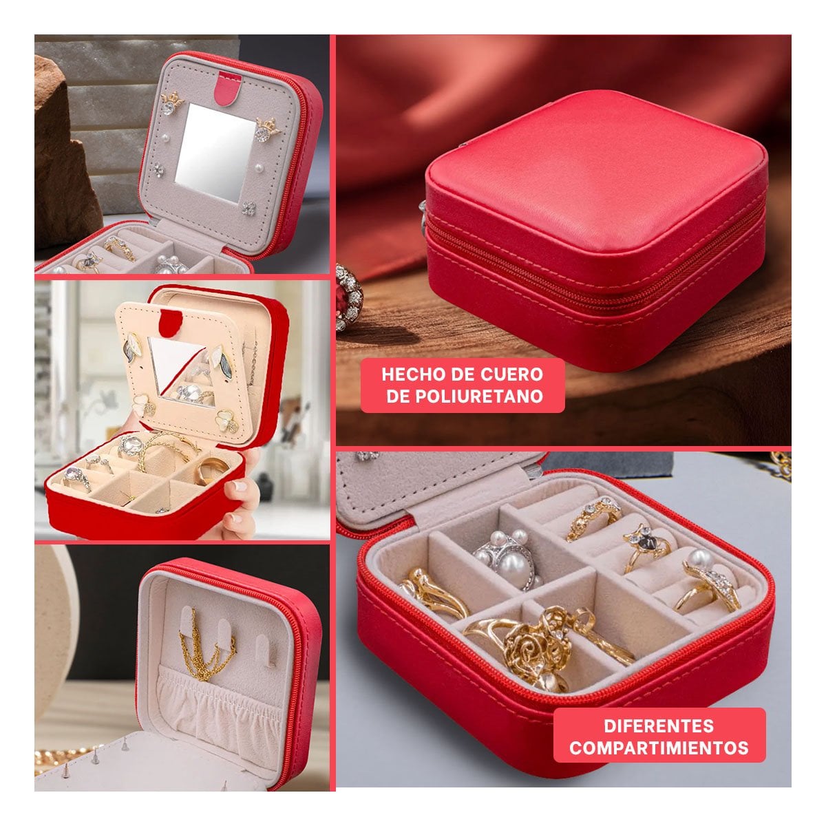 ORGANIZADOR DE VIAJE CON ESPEJO CUERO PU ROJO PARA JOYAS Y+POST IT - 1