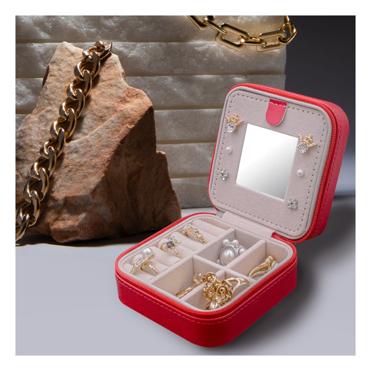 ORGANIZADOR DE VIAJE CON ESPEJO CUERO PU ROJO PARA JOYAS Y+POST IT - 2