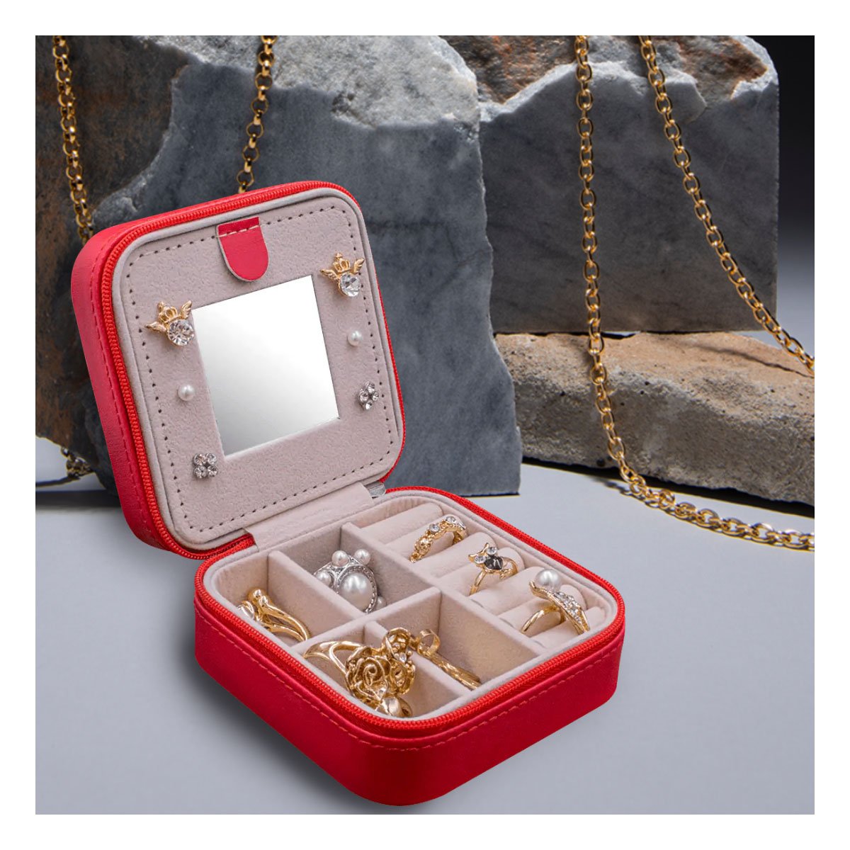 ORGANIZADOR DE VIAJE CON ESPEJO CUERO PU ROJO PARA JOYAS Y+POST IT - 3
