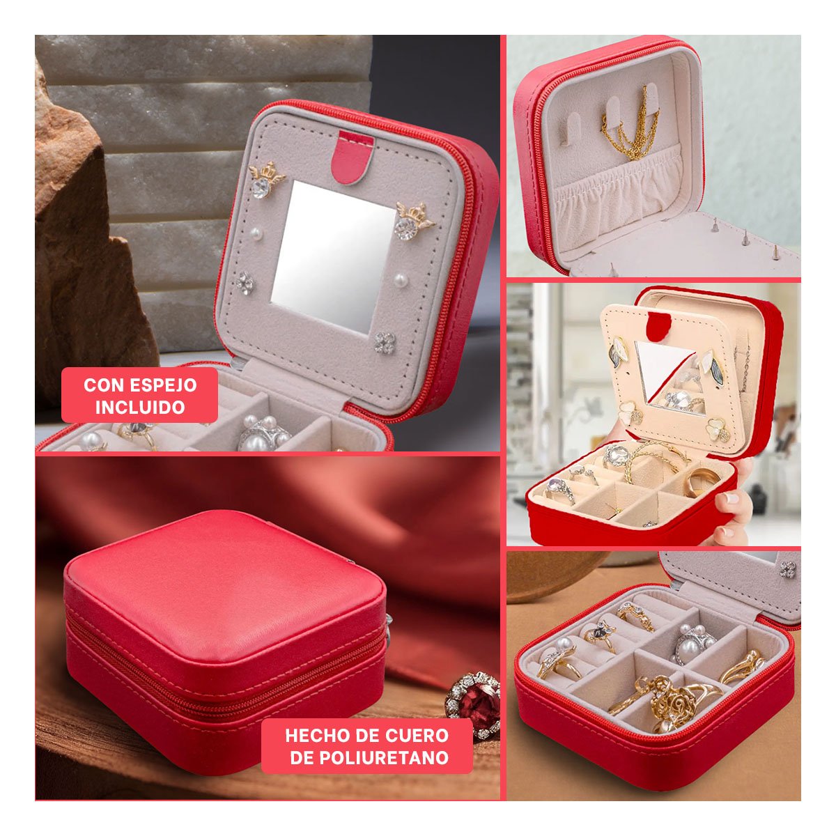 ORGANIZADOR DE VIAJE CON ESPEJO CUERO PU ROJO PARA JOYAS Y+POST IT - 5
