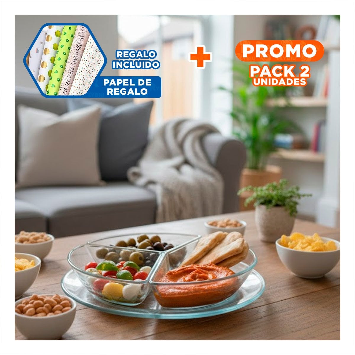 PACK2 BANDEJA BOTANERA TRANSPARENTE 3 DIVISIONES DE TACTO SUAVE PARA SUS MANOS Y+PAPEL REGALO - 1
